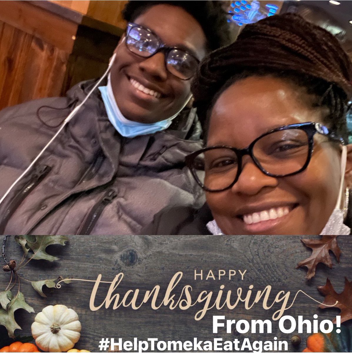 TomekaNapper's tweet photo. Happy #GratefulDay from Joshua & I from Ohio.
ThxU to our Creator & my wonderful Angels on Earth who have made and are continuing to make my #HelpTomekaEatAgain Campaign a success. We've raised $8.820 towards our 15K goal, which have made Jul, Aug, & Nov in Ohio possible. 🌻 https://t.co/SIASeB8m0M