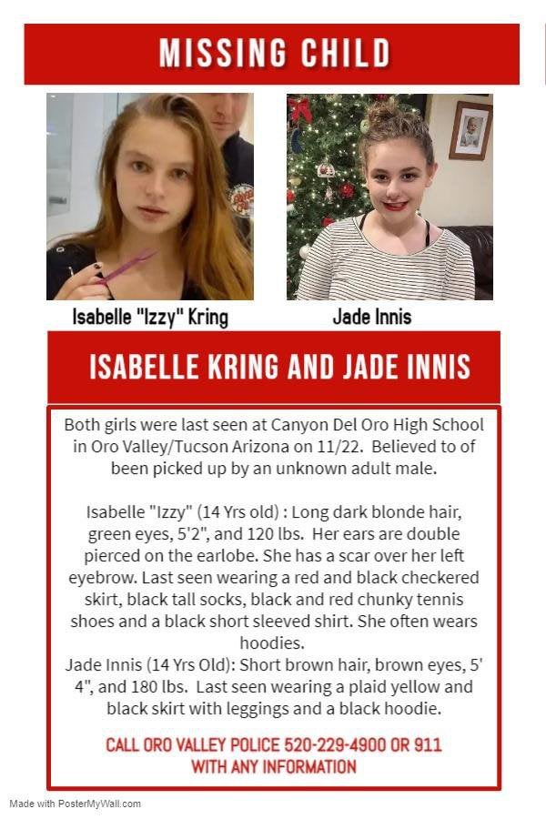 KDWinz's tweet photo. #Missing TWO teens from #Tucson #Arizona. Last seen at Canyon Del Oro High in Oro Valley Nov 22. #IsabelleKring #JadeInnis #missingchildren #missinginamerica https://t.co/KkJViSsRcL