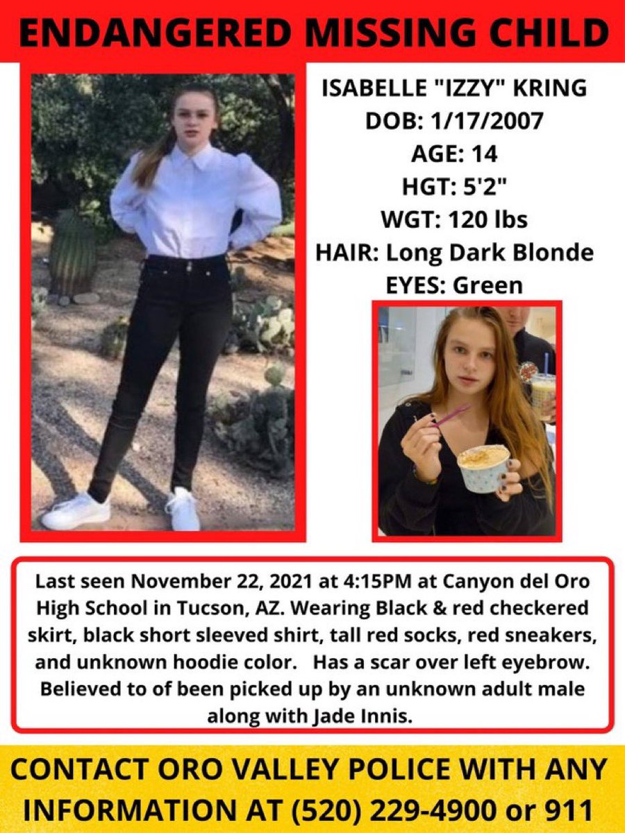 KDWinz's tweet photo. #Missing TWO teens from #Tucson #Arizona. Last seen at Canyon Del Oro High in Oro Valley Nov 22. #IsabelleKring #JadeInnis #missingchildren #missinginamerica https://t.co/KkJViSsRcL