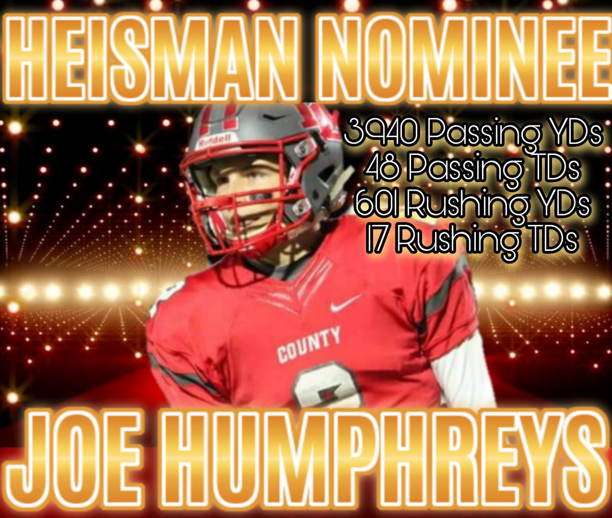 Heisman Nominee:
Joe Humphreys
3940 Passing Yards
48 Passing TDs
601 Rushing Yards
17 Rushing TDs

(Leads State in Completions, Yards, YPG, &amp; Touchdowns)

Vote Now-Sunday 
(Poll pinned)
