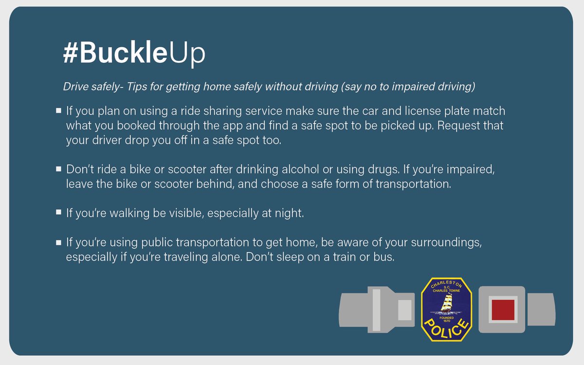 CharlestonPD's tweet photo. Say no to impaired driving! There are always other ways to ensure you get home safely. #BuckleUp https://t.co/lYNK2rlKlm