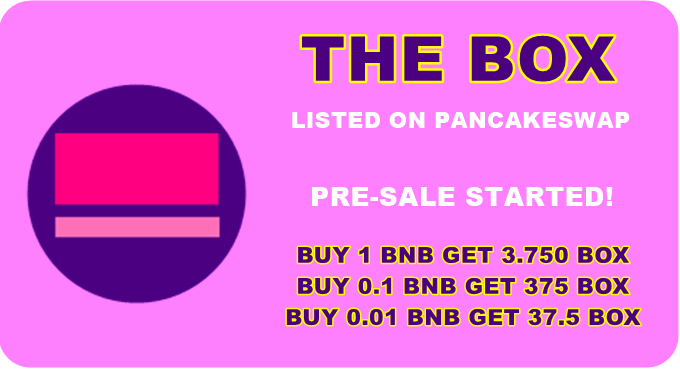 theboxtoken's tweet photo. THE BOX PRE-SALE !!

BUY 1 BNB GET 3.750 BOX
BUY 0.1 BNB GET 375 BOX
BUY 0.01 BNB GET 37.5 BOX

https://t.co/WKgNwllyGS

@peacockbsc @dapperlabs  @PancakeSwap 

#presale #BOX #Dappbuilder #Pancakeswap #Crypto #BSC #CryptocurrencyNews #cryptocurrecy https://t.co/RyDlhntnLs