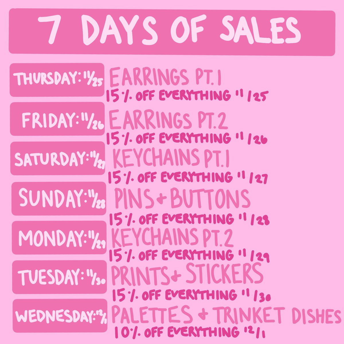 Here is the schedule of sales I will have. All items on my shop will be on sale but I will be posting stock based on this schedule since I have a lot of new items! All days are 15% off except for the last day which will be 10%! Restocks will start tonight.
#SmallBusiness #kpop