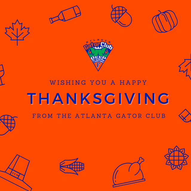 atlgatorclub's tweet photo. Happy Thanksgiving from your friends at AGC! Wishing this year finds you with plenty of reasons to give thanks. #Thanksgiving #AtlantaGatorClub https://t.co/UqJeXoCmuk