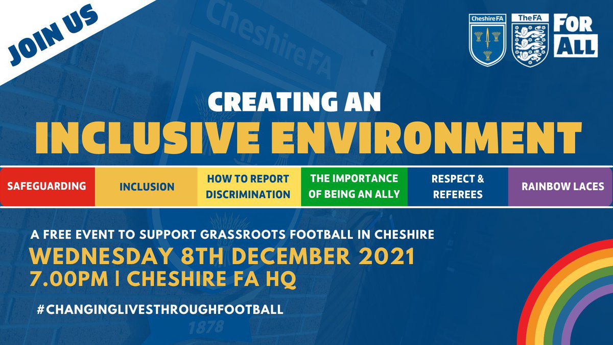 Cheshire_FA's tweet photo. JOIN US | To celebrate @stonewalluk’s #RainbowLaces campaign, we’re hosting a FREE event for our Clubs &amp; Leagues all about ‘Creating an #Inclusive Environment’.

Joining us are @FA, @kickitout, @FvHtweets, @roverandout, @gfsnUK &amp; more!

REGISTER NOW!
➡️ https://t.co/H4QdzQF0IZ https://t.co/NFifcWNlMO