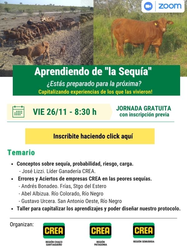 📢 JORNADA VIRTUAL GRATUITA 📢

APRENDIENDO DE LA SEQUÍA
_ Estás preparado para la próxima? _ 🤔

Capitalizando experiencias de los que la vivieron! 

📅 VIERNES 26/11

⏰ 8:30 hs

ANÓTATE!👇🏾👇🏾

bit.ly/jornadasequia