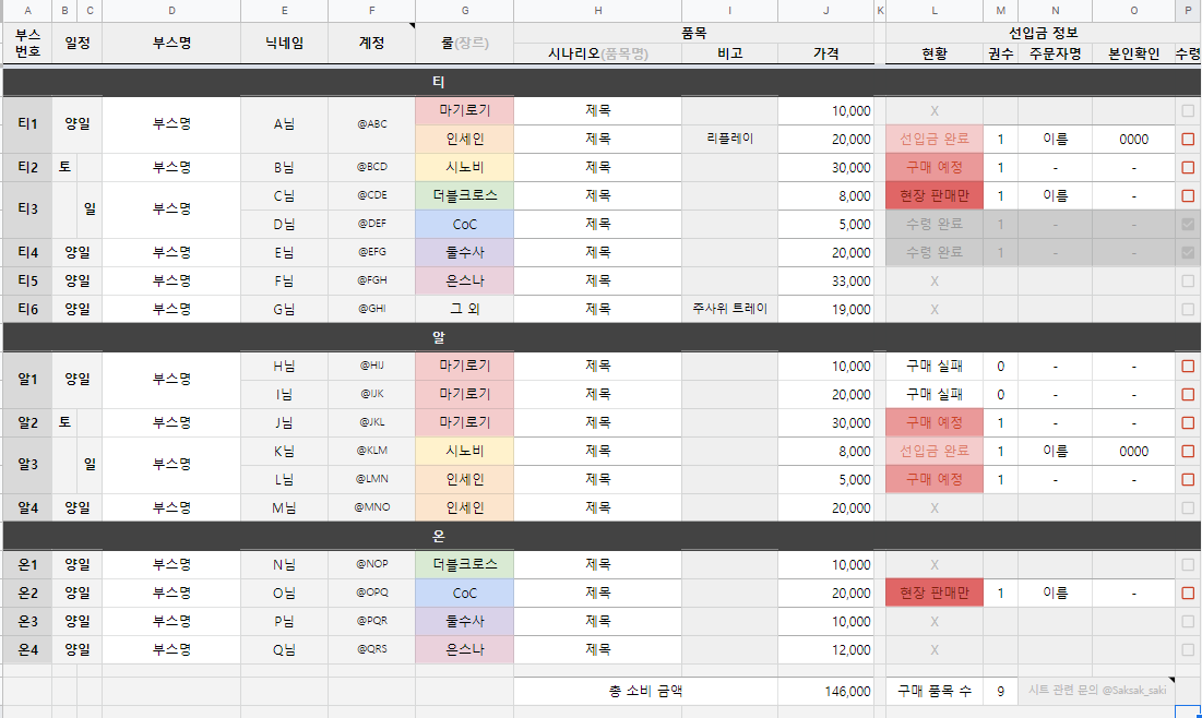 Saksak_saki's tweet photo. [전체 배포] 요청을 받아서... 개인적으로 사용하던 시트 2종을 대강 정리해서 배포합니다. 이후 업데이트나 지속 관리는 없을 예정입니다. 

- TRPG 세션 기록 &amp; 보유 서적 정리 시트
https://t.co/UpNiDIF4l4 

- 부스별 구매 목록 정리 시트 (동인 행사용)
https://t.co/EeSqhZJL6f https://t.co/jz3RMYUfGu