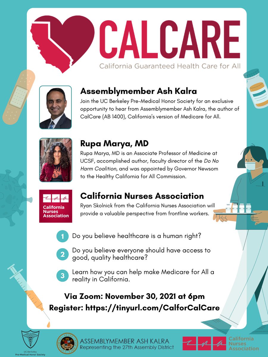 armaansh3rgill's tweet photo. 🚨The fight for single-payer in California is now!🐻

Join the author of CalCare (AB 1400) @Ash_Kalra, Associate Professor of Medicine at UCSF @DrRupaMarya, and @CalNurses for a discussion with the UC Berkeley Pre-Medical Honors Society.

Register: https://t.co/47EFAXphPo https://t.co/wL4Kf57mpp