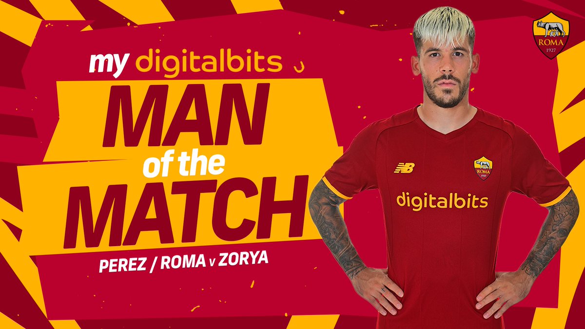ASRomaEN's tweet photo. 🟨 @DigitalBitsOrg 𝗠𝗢𝗧𝗠 🗳🟥

🔁 Retweet if Carles Perez was your #ASRoma Man of the Match against Zorya https://t.co/2YOwJmpKNw