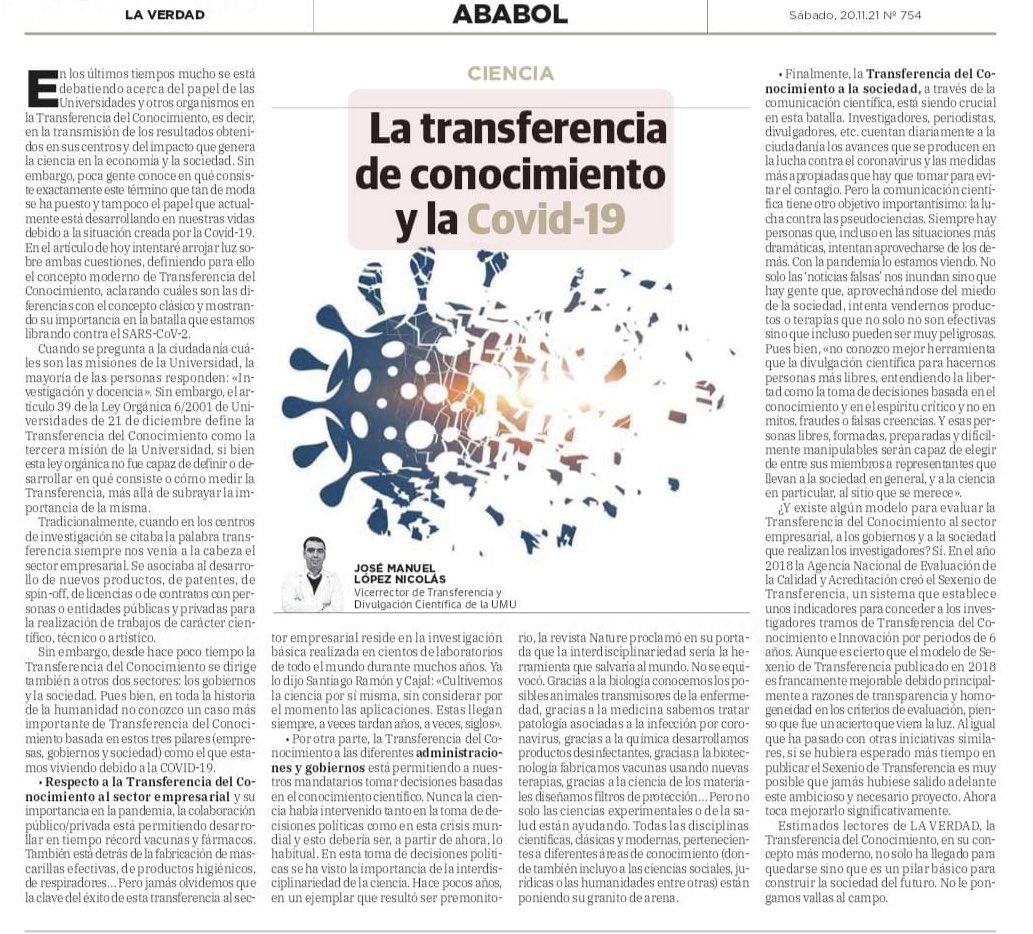 ScientiaJMLN's tweet photo. Bajando persiana. Os dejo con mi última colaboración en @laverdad_es : “La Transferencia del conocimiento y la #COVID19 “ . Mañana más. https://t.co/DgO9ssJR9S