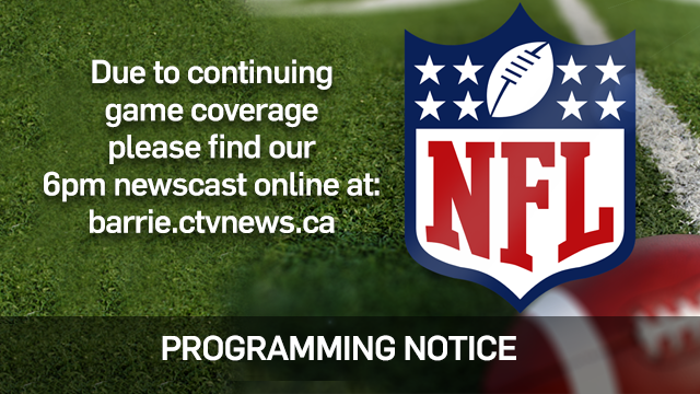 CTVBarrieNews's tweet image. PROGRAMMING NOTE:
Due to NFL game coverage broadcast today on CTV2 stations across Canada, Barrie's CTV News at 6 will not broadcast as usual.
HOWEVER, we still have CTV News at 6 with all the day's news for Thurs., Nov. 25 online:  barrie.ctvnews.ca/video?binId=1.…
