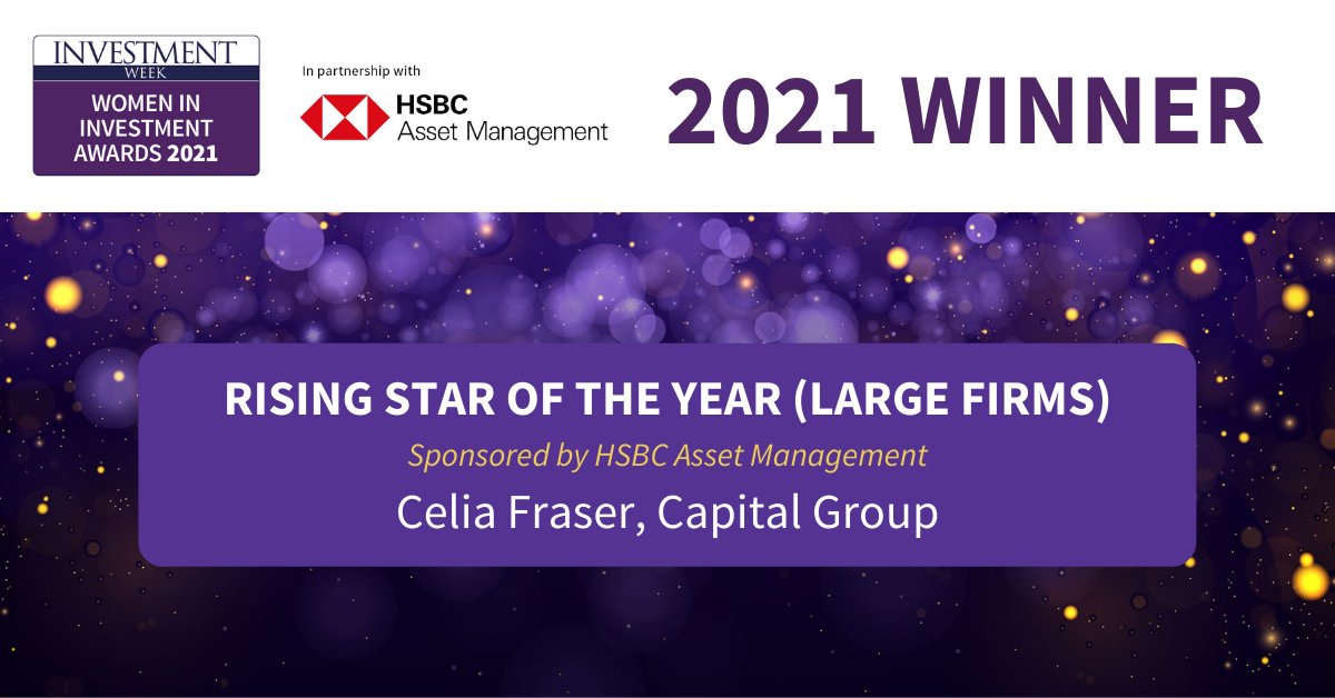 InvestmentWeek's tweet photo. Women in Investment Awards 2021 in partnership with HSBC Asset Management: The winner of Rising Star of the Year (large firms) sponsored by HSBC Asset Management is Celia Fraser, Capital Group – congratulations Celia! #womenininvestment #wiia21 #investmentweekevents https://t.co/9FYkSSTi4Y