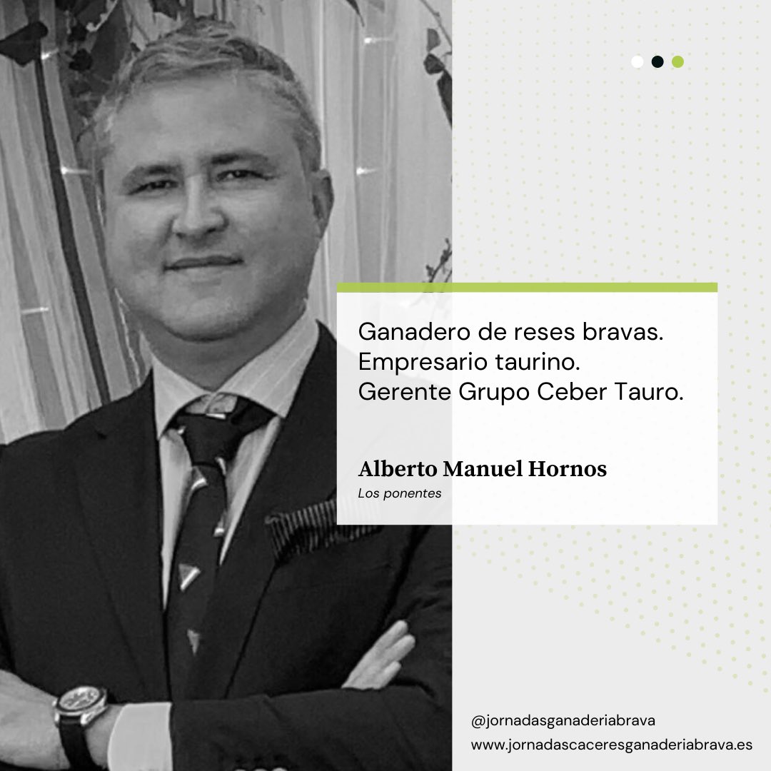 #Ponentes

🗣 Alberto Manuel Hornos.

☑️ Ganadero de reses bravas. Ganaderia <a href="/SanMartinToros/">Ganadería San Martín</a>.
Empresario taurino. Gerente <a href="/GrupoCeberTauro/">Grupo Ceber Tauro</a>.

#JornadasGanaderíaBrava
#ToroDeLidia