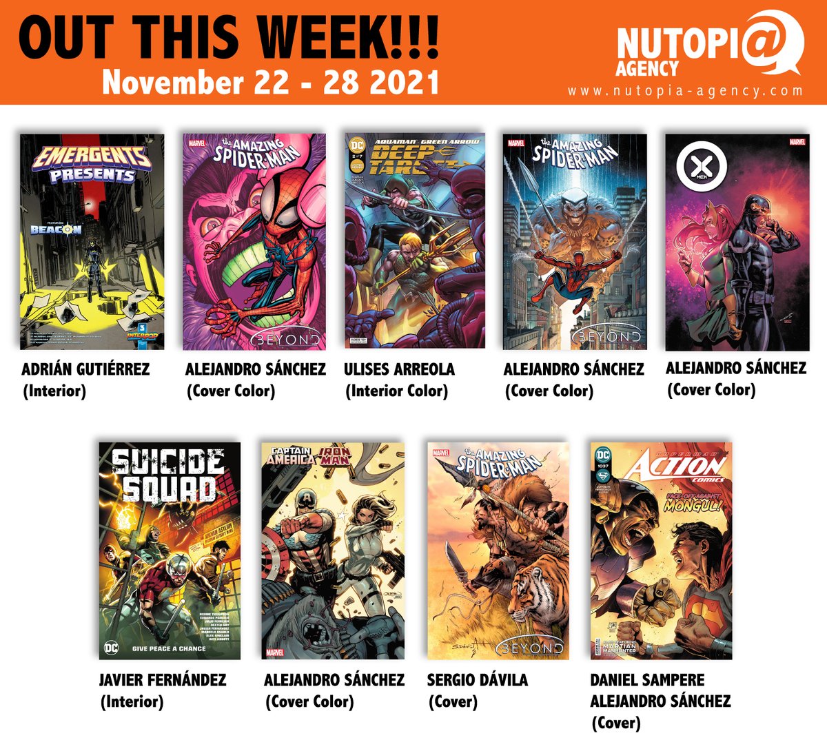 nutopiaagency's tweet photo. OUT THIS WEEK!!! Action Comics #1037, Aquaman/Green Arrow: Deep Target #2, Suicide Squad TPB, Amazing Spiderman #79 &amp; #80, X-Men #5, Captain America / Ironman #1 and Emergents #1 #DC #DCComics #Marvel #MarvelComics #Interpop #interpopcomics #nutopiaagency #art #ComicArt #comicfan https://t.co/4OqSOp5oa2