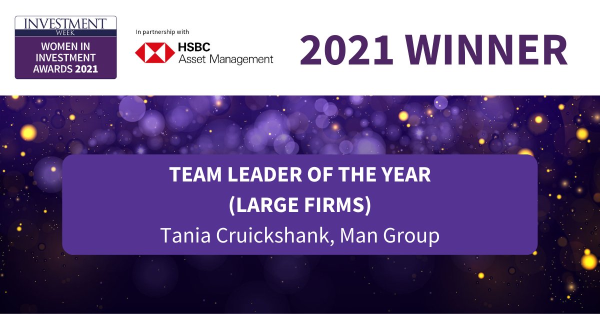 InvestmentWeek's tweet photo. Women in Investment Awards 2021 in partnership with HSBC Asset Management: The winner of Team Leader of the Year (Large firms) is Tania Cruickshank, Man Group – congratulations Tania! @ManGroup #womenininvestment #wiia21 #investmentweekevents https://t.co/ua7euMgwzK
