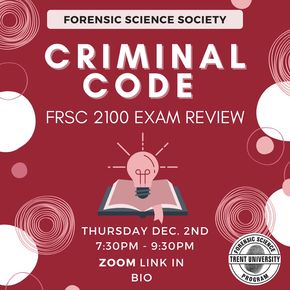 trentfss's tweet photo. Hey FSS second year students! Are you getting ready for your exams? Come to our virtual event to study for your Criminal Code( FRSC 2100) final exam!! We will be quizzing you on  key concepts you learned in class with a fun Kahoot!! It will be held over zoom from 7 to 9 pm. https://t.co/x238IKJ2M9