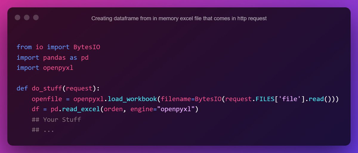 EndBalam's tweet photo. Creating dataframe from in memory excel file that comes in http request.
#Python #programming #requests #pandas #dataframe #django #flask https://t.co/VgBYCINAci