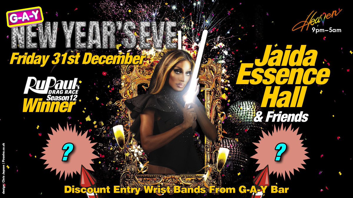 PiranhaDesignCo's tweet photo. My latest design for G-A-Y at @HeavenLGBTclub New Year’s Eve with 
@RuPaulsDragRace S12 Winner @jaidaehall 
+ Friends 
but who will be her friends performing with her?  
All will be Ruvealed, 
#DragRace https://t.co/BIK7VLPZkL