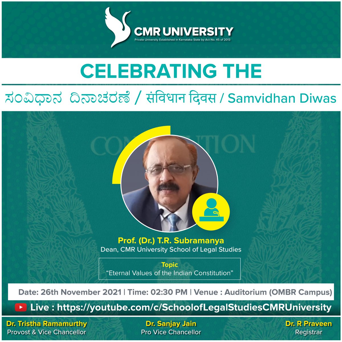 UniversityCmr's tweet photo. Join #CMRUniversity in celebrating the Constitution of India on this #SamvidhanDiwas.

#ConstitutionDay #samvidhan #constitutionofindia #constitutionday https://t.co/pWMpZoK8RE