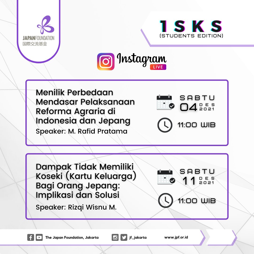 JF_Jakarta's tweet photo. Yuk ikuti program daring terbaru dari JF Jakarta, 1SKS Students Edition di Instagram Live. Diskusi ringan dan santai tapi sangat bermanfaat dengan sahabat-sahabat JF yang ahli di bidang masing-masing.
.
#stayathomewithJF
#jfjakarta
#japanfoundation https://t.co/c9TvBsikxD