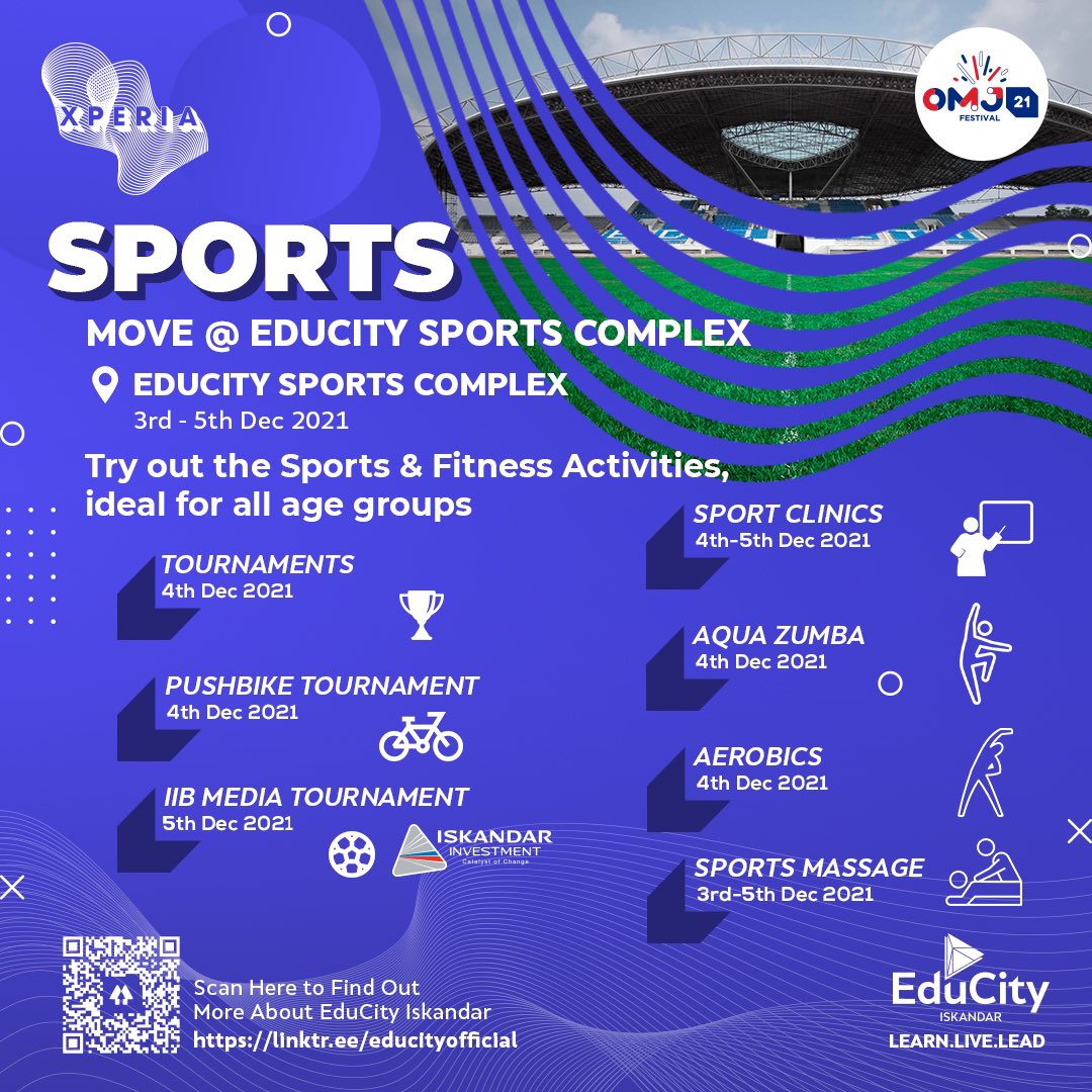 educityofficial's tweet image. Come and enjoy sports and fitness activities, from pushbike for the lil’ ones to Aqua Zumba and Aerobics for the young at heart.
Save the date, happening from 3rd - 5th Dec at EduCity Sports Complex
#educityxperiafestival #xperiafestival #educity #omjfest21 #riseupOMJ #esc