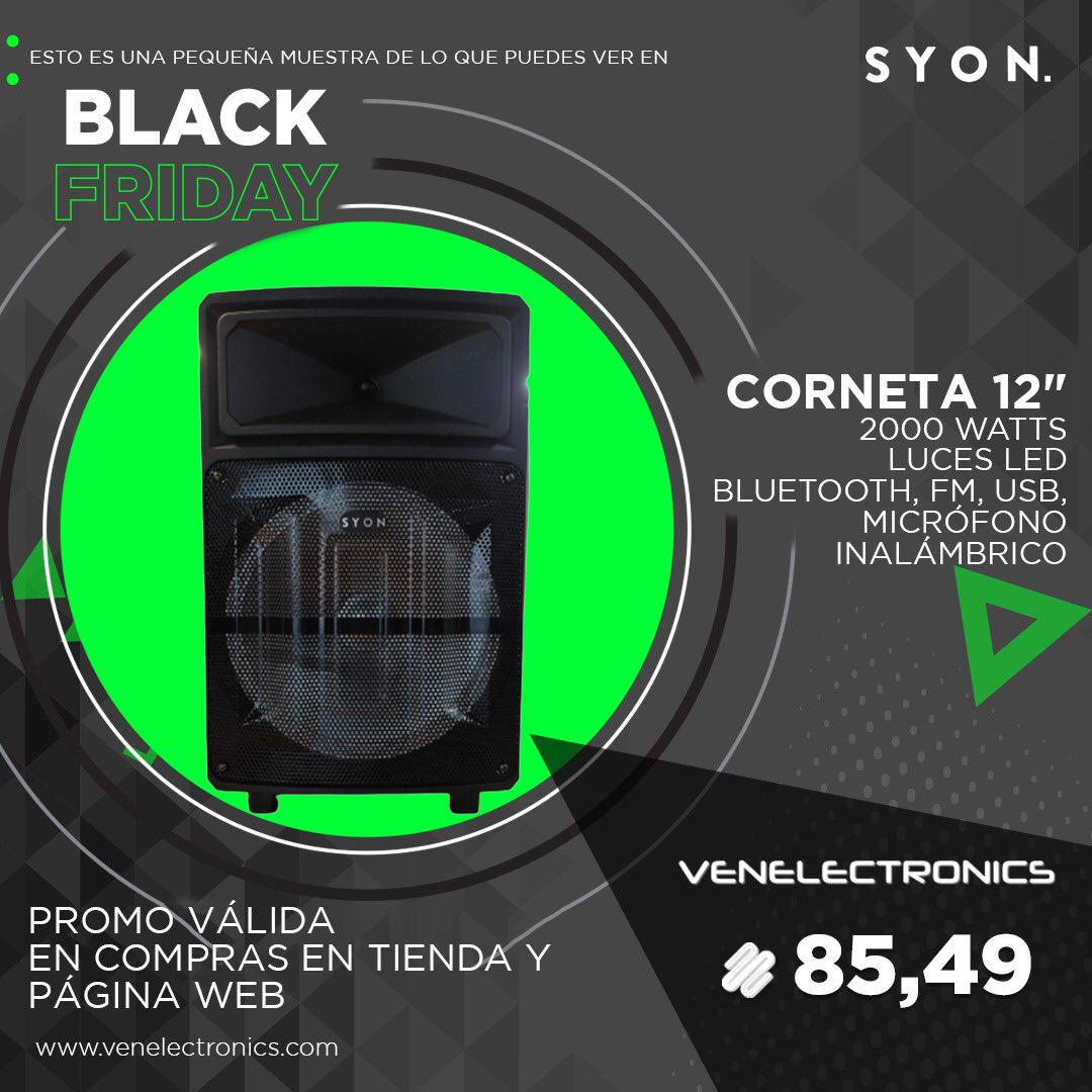 venelectronics1's tweet image. Sabemos que en cornetas Syon es una de las favoritas, es por eso que traemos una oferta que no deben dejar pasar. 🤩

La corneta tiene un tamaño de 12 pulgadas, cuenta con Bluetooth y micrófono + control inalámbrico, todo lo necesario para tener un sonido de calidad en tu casa 🎶