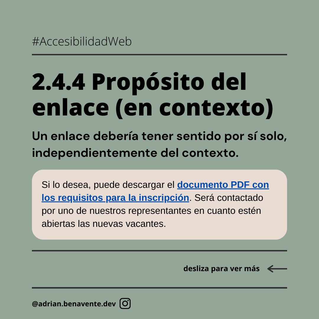 fenavente's tweet image. ¿Son accesibles los enlaces de tu sitio web? Para asegurarte, chequeá que se cumpla el siguiente criterio. Seguime en este hilo. #AccesibilidadWeb #a11y #a11d #Accesibilidad #AccesoUniversal #WebDevelopment #DesarrolloWeb #FrontEnd