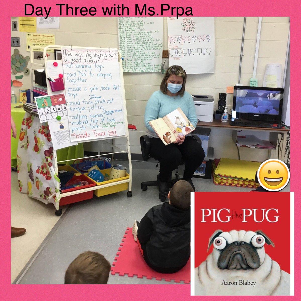 #PigThePug was a fantastic story to use for #antibullying in FDK! Ss showed such empathy for the characters and had super ideas on getting help. Ss LOVED having @VePrpaHWDSB read to them and sharing their ideas about good friends! @HWDSB_WeHelp #mentalhealth #TogetherWeAreBetter