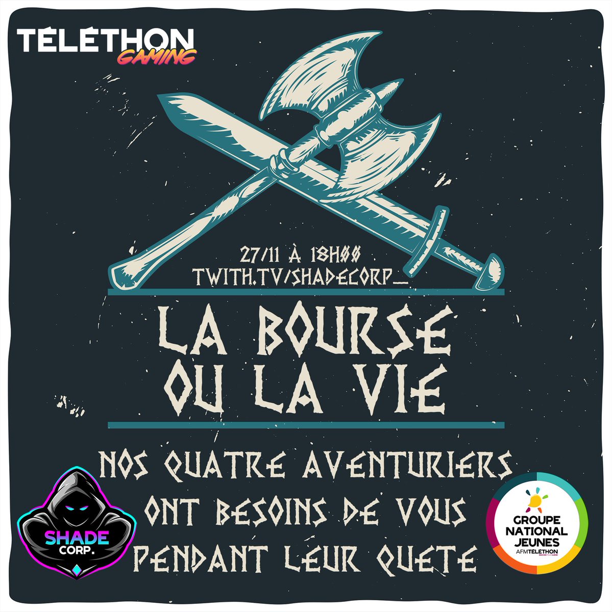 ShadeCorp_'s tweet photo. À partir de demain 18h, le #GroupeNationalJeunes de @Telethon_France prend le contrôle de la TV #ShadeCorp pour une soirée jeu de rôle !💪

N'oubliez pas que le #telethongaming n'est pas fini et que chaque don compte !❤️

#ShadeArmy @GamingTelethon https://t.co/SaTMZBmAKe