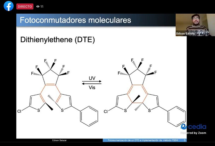 #Ahora 
#divulgacioncientifica
✅Proceso de fotoisomerización de una molécula fotoconmutadora:Caso de estudio y métodos.
Dr. Edison Salazar
✅Cristales líquidos biológicos tridimensionales: un estudio de tejidos multicelulares
Dr. Hernán Morales <a href="/EM_TCCM/">Theoretical Chemistry and Computational Modelling</a> 
 fb.watch/9vToZ7VtBZ/