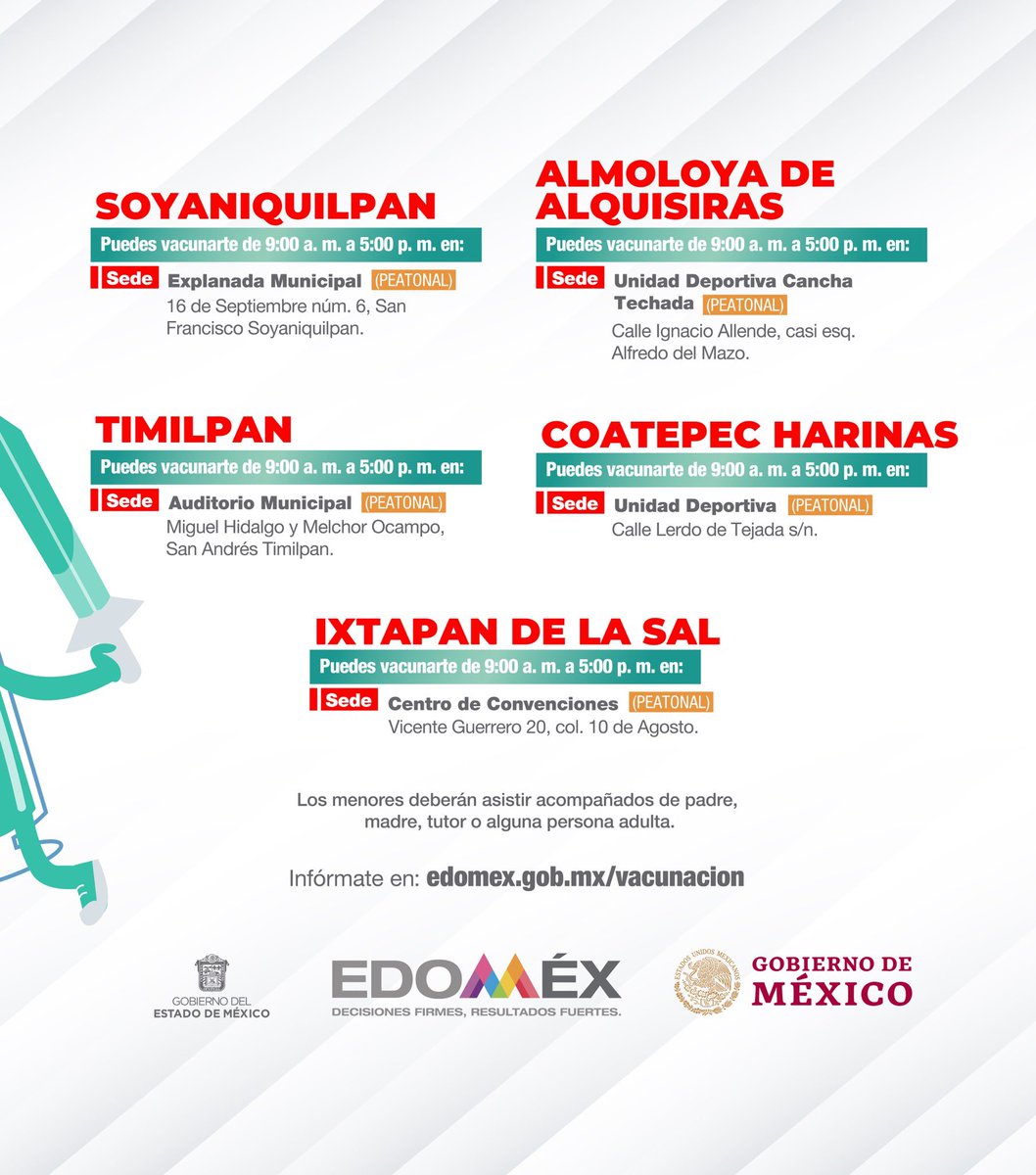 Mañana 26 de noviembre aplicaremos la primera dosis a menores de 15 a 17 años en #Soyaniquilpan, #Timilpan, #AlmoloyaDeAlquisiras, #CoatepecHarinas e #IxtapanDeLaSal. #EstrategiaDeVacunación