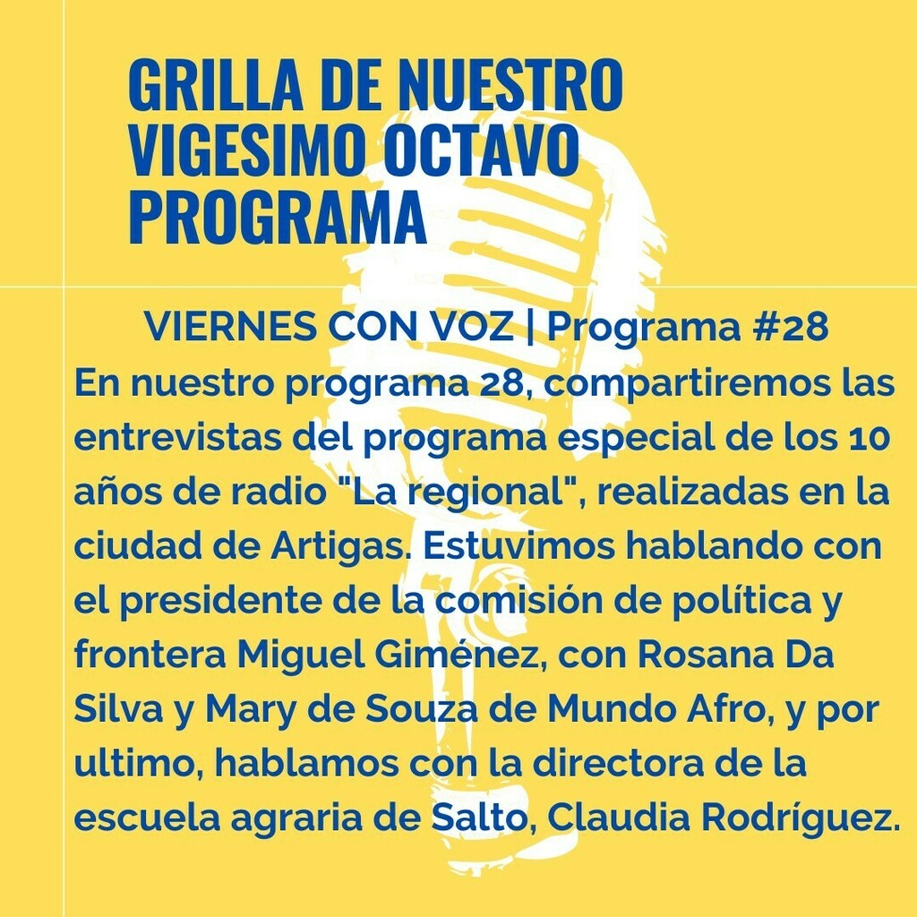 viernesvozz's tweet photo. Les presentamos la grilla de nuestro próximo programa. Los esperamos desde las 10am a través de radio "La Regional".
Además, a las 12 del mediodía podrán escuchar la repetición en radio Horizonte de Paysandú. https://t.co/DiiB8QmEq7 https://t.co/QAahPu59PS