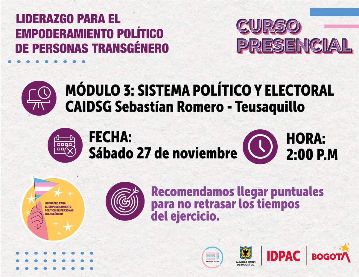 EscuelaTrans's tweet photo. Este sábado retomamos nuestro Curso de Liderazgo para el Empoderamiento Político de Personas Transgénero. El 27 de Noviembre en el CAIDGS SEBASTIAN ROMERO a las 2pm. Te recomedamos puntualidad para avanzar satisfactoriamente con este proceso. Te esperamos.
#trans #escuelatrans https://t.co/DinopPfmK7