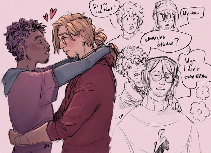 doodled some old ocs hehe (guy with purple hair is named finch bcos he is cursed to be a bird half the time :]) 