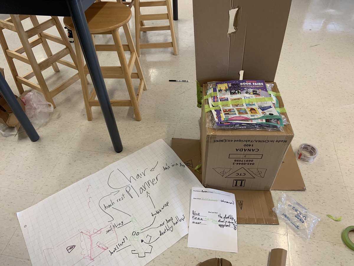 MsTomasi's tweet photo. Makerspace Challenge Week! Build a chair with recyclable materials that can hold a group member! “Time flies when you’re having fun”-Gr.4 student! @CPPSMarkham #makerspace #inquiry #handsonlearning #building https://t.co/AqDJCAufHw