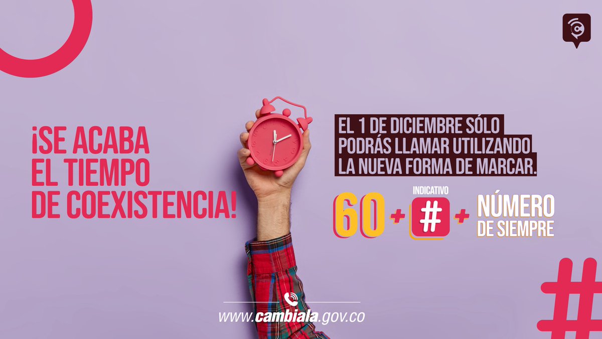 Ministerio_TIC's tweet photo. Ya casi terminan los 3 meses para que los colombianos se apropien de la nueva forma de marcar. Desde el 1 de diciembre sólo saldrán llamadas a teléfonos fijos utilizando 60 + indicativo de la región + número de siempre. https://t.co/D2MZngU2nV  #LaFormaDeMarcarCambia https://t.co/sYuxgK8kMN