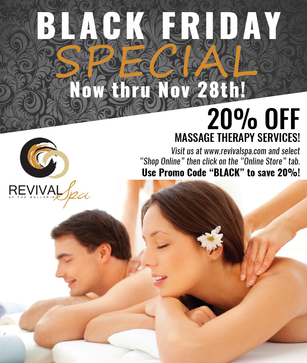 Don't miss out on this great deal! Perfect stocking stuffer gift! Use code BLACK to save 20% on massage therapy services and gift certificates! 

Offer expires at Midnight on November 28th.