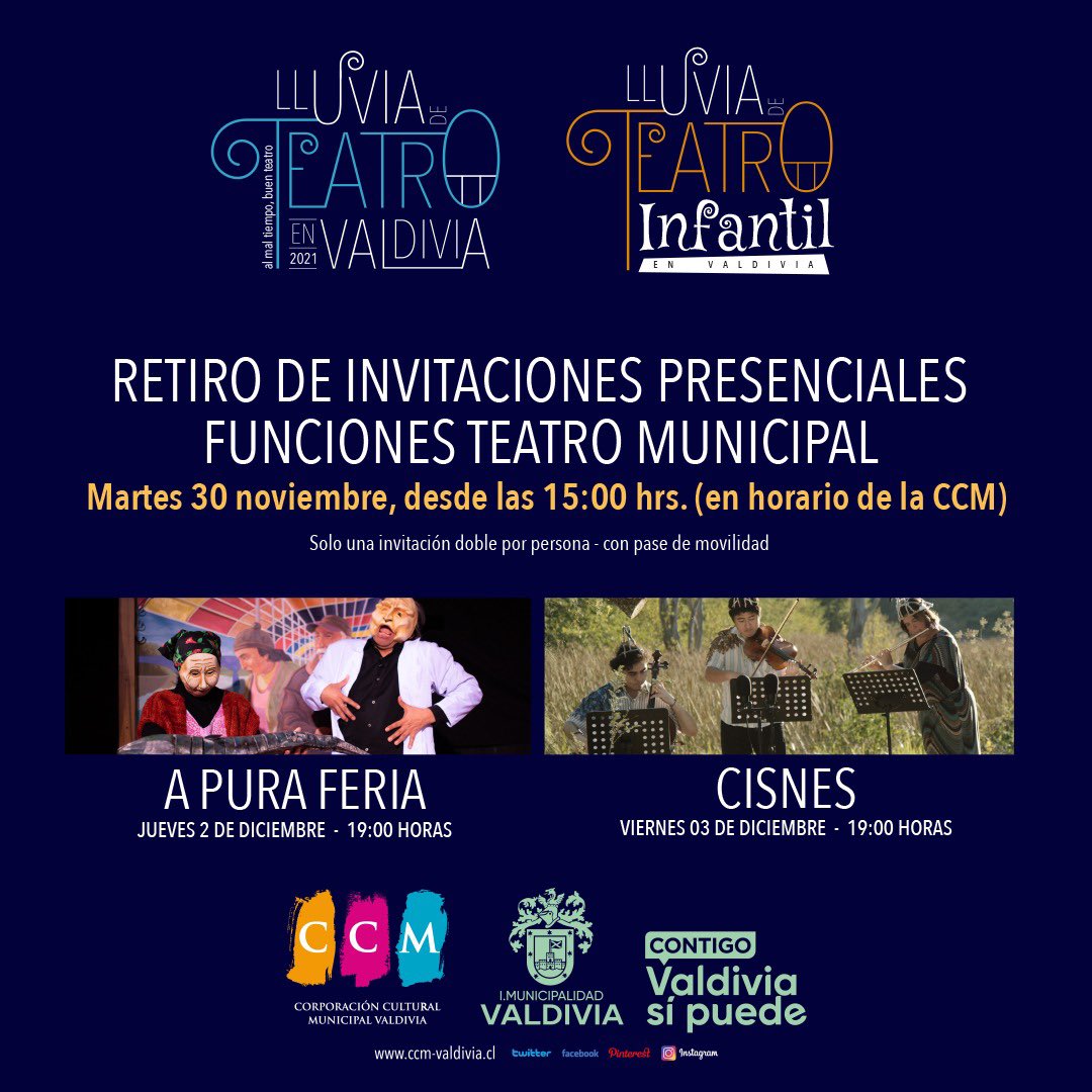 ccmvaldivia's tweet photo. Retiro de invitaciones e inscripciones para las funciones presenciales de la Lluvia de Teatro en Valdivia 2021 de los días  2, 3 y 4 de diciembre PRESENCIAL @culturaslosrios @munivaldivia @eligecultura @MunicipalVald @LluviaTeatro #ValdiviaCL https://t.co/HMz7zhGtW1