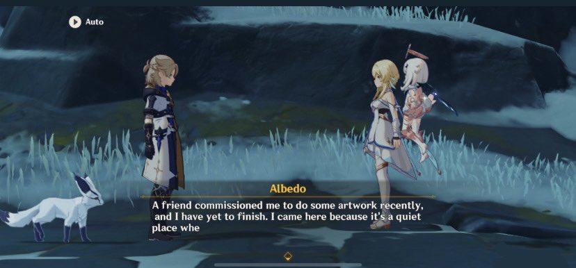 dinokeylies's tweet photo. //SPOILERS FOR 2.3 

I literally thought it was apart of the cut scene but it turns out it just really wanted to sit in front of albedo 😭 https://t.co/vyfCDhiOuK