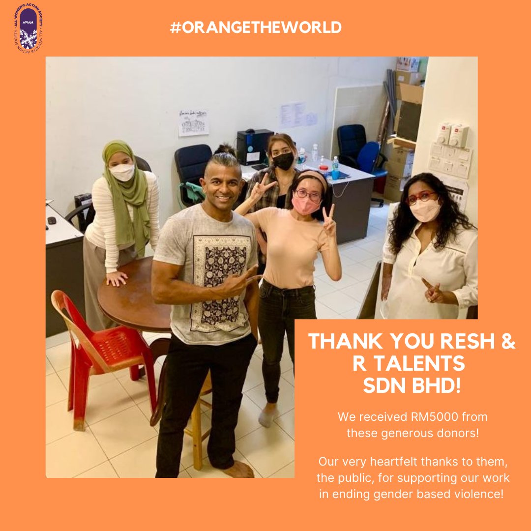 AWAMMalaysia's tweet photo. Hey Waley @reshmonu & R Talents Sdn Bhd! Thank you so much for the generous donation - every RM counts in supporting gender-based violence (GBV) survivors and creating greater public awareness to eliminate GBV for all! #OrangeTheWorld #SurvivorFirst https://t.co/nXwbZveK2S