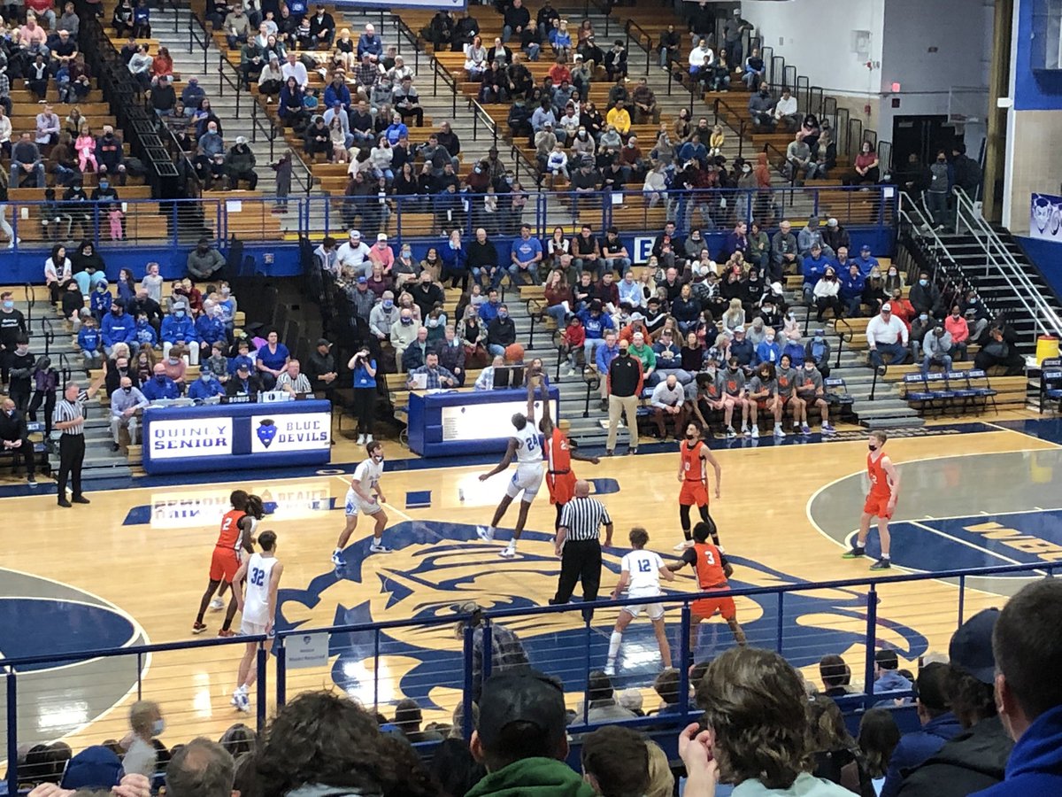 RoyWebbQPS's tweet photo. Blue Devil Basketball is back! Great to see all the traditions. Pep band, cheer, Pommers, excited student section, The Devil, and great basketball, all present tonight! https://t.co/rgHymeQHD3
