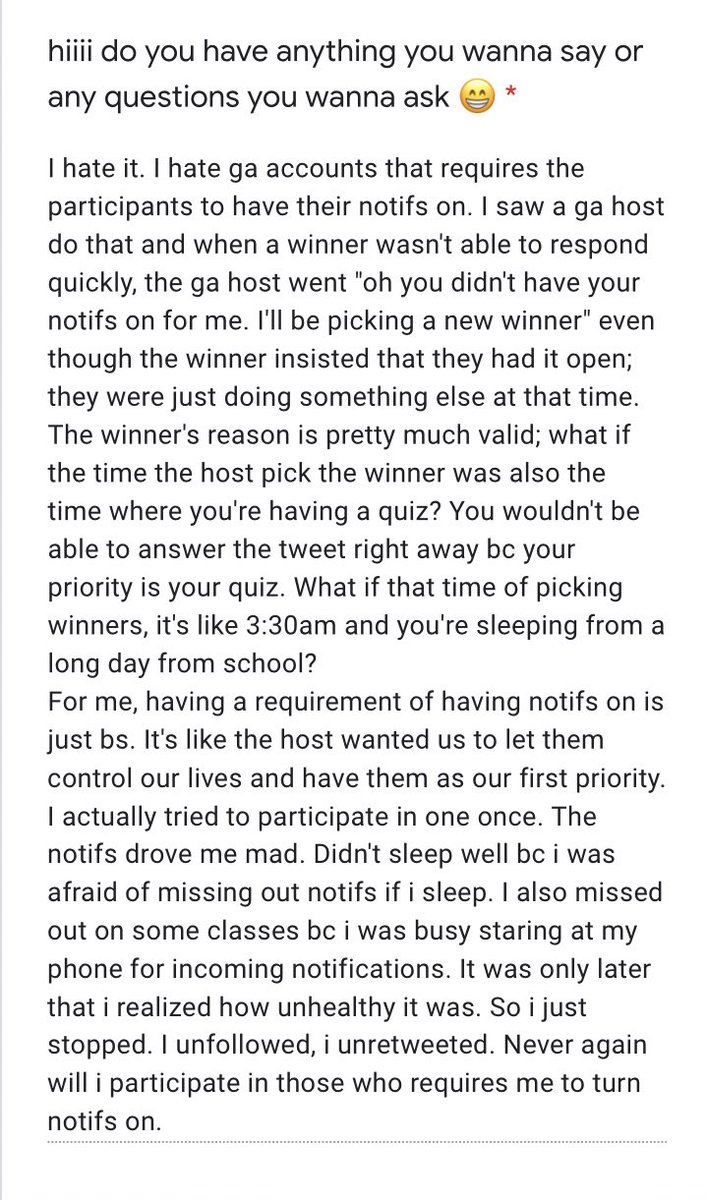 to me ga’s that require notifs feel like they’re just fishing for interactions, i personally get really stressed out by notifs so i only have them on for a few people so i absolutely understand where you’re coming from and i 100% agree 

forms.gle/LCswmURri9JDV9…