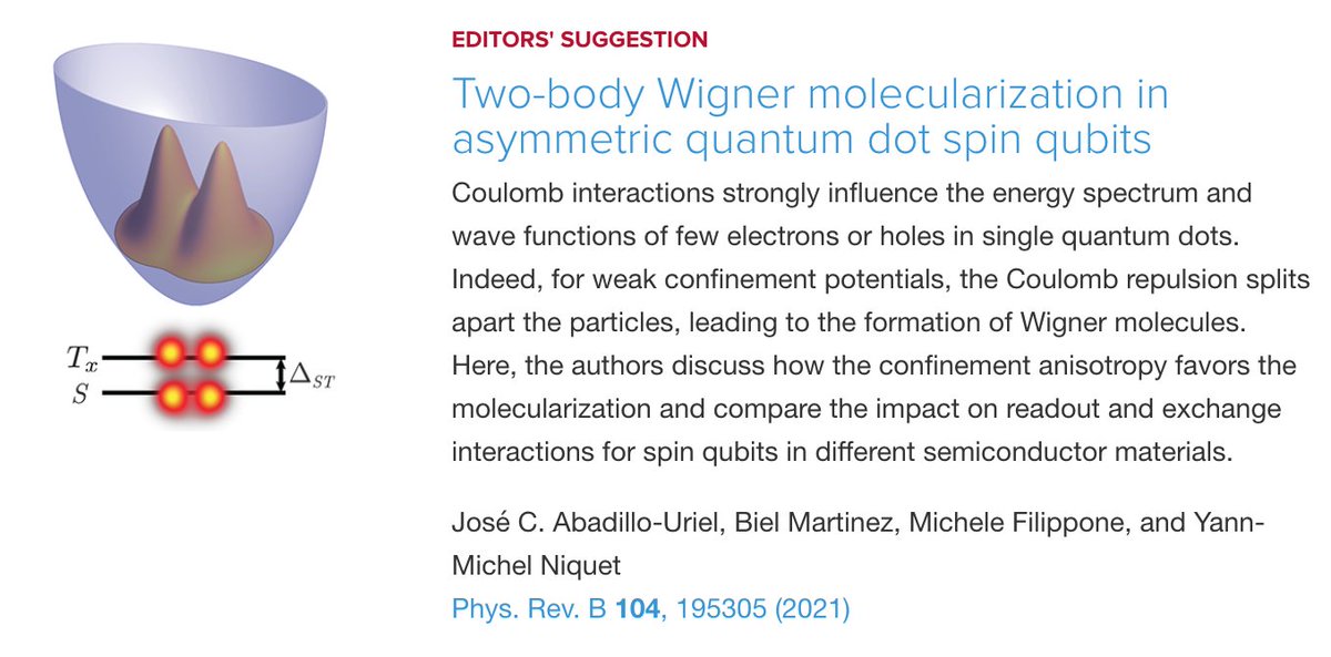 PhysRevB's tweet photo. PRB Editors' Suggestion: Two-body Wigner #molecularization in #asymmetric #quantum_dot #spin_qubits

José C. Abadillo-Uriel, Biel Martinez, Michele Filippone, and Yann-Michel Niquet
Phys. Rev. B 104, 195305
#physics #condmat #EdSugg @APSPhysics

Article: https://t.co/8lDWXcEdoV https://t.co/wjlaMzKA3Q