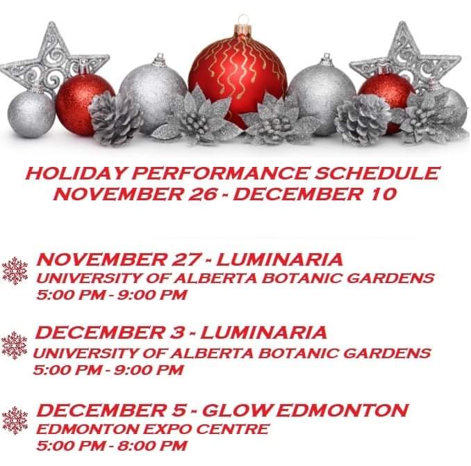 Here is our confirmed holiday performance schedule for the next 2 weeks. We look forward to seeing you at the <a href="/uabotanicgarden/">UofA Botanic Garden</a> for Luminaria or the Edmonton Expo Centre for <a href="/glow_edmonton/">Glow Edmonton</a>

#glowyeg #glowedmonton #uabgluminaria #yegwinter #christmasedmonton