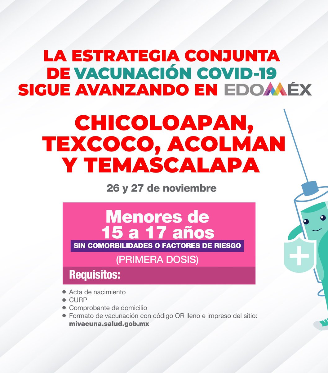 alfredodelmazo's tweet photo. El 26 y 27 de noviembre aplicaremos la primera dosis a menores de 15 a 17 años en #Chicoloapan, #Texcoco, #Acolman y #Temascalapa. #EstrategiaDeVacunación https://t.co/rBrEhnLjzh