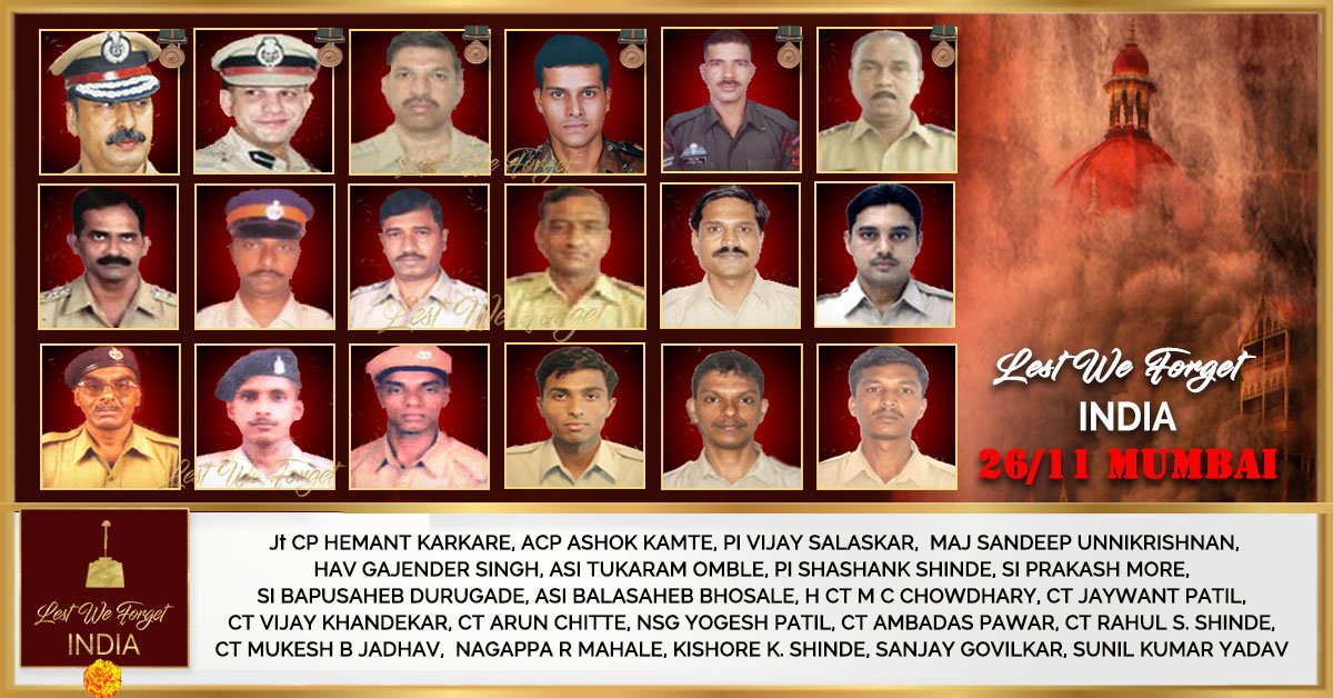 LestWeForgetIN's tweet photo. 13 YEARS TO DATE
#LestWeForgetIndia🇮🇳 the gallant #IndianBraves who made the supreme sacrifice defending the city of Mumbai, and the 166 innocent lives lost #OnThisDay 26 November in 2008 in the dastardly #MumbaiTerrorAttack by Pakistani Terrorists #MumbaiAttacks #MumbaiAttack https://t.co/z8vDyKXtgW