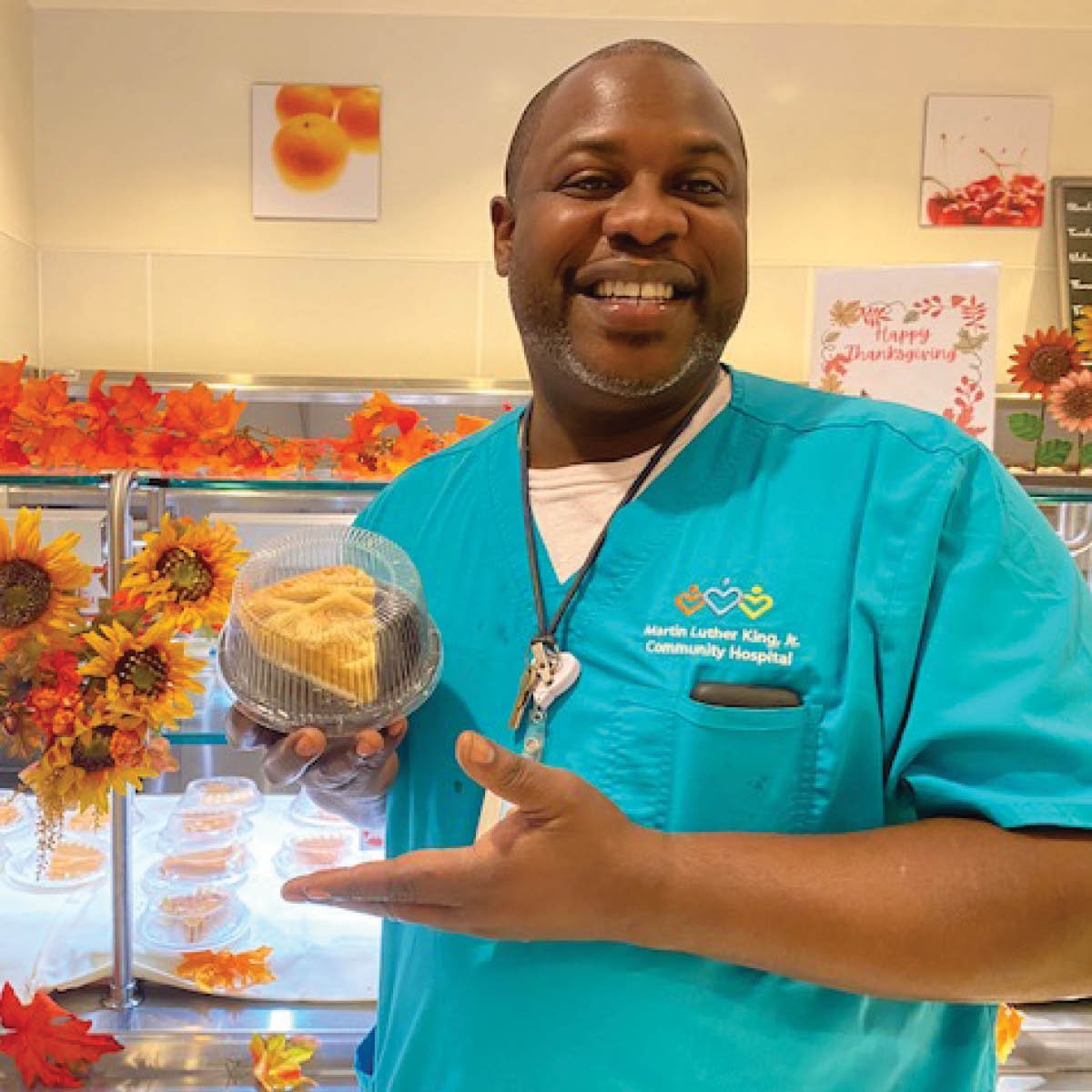 MLKCH EMT Derrick Bowman is happy as (and with!) pie at the annual all-staff Thanksgiving meal. We thank all our team members who are working this holiday -  and every holiday - to keep our community safe and healthy. 

Happy Thanksgiving everyone!