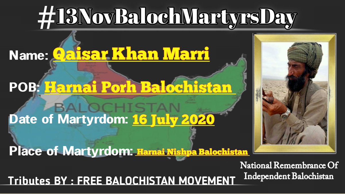 martyrsbaloch2's tweet photo. https://t.co/xq9A14uXpF

#13NovBalochMartyrsDay 
Name:Martyr Qaisar Khan Marri

Place of Birth: Harnai, Porh

Place of Martyrdom Harnai, Nishpa

Occupied Balochistan 

Date Of  Martyrdom 16 July 2020
#Tributesby 
#FBM 
#FreeBalochistanMovement https://t.co/Z3jtkzRiS4
