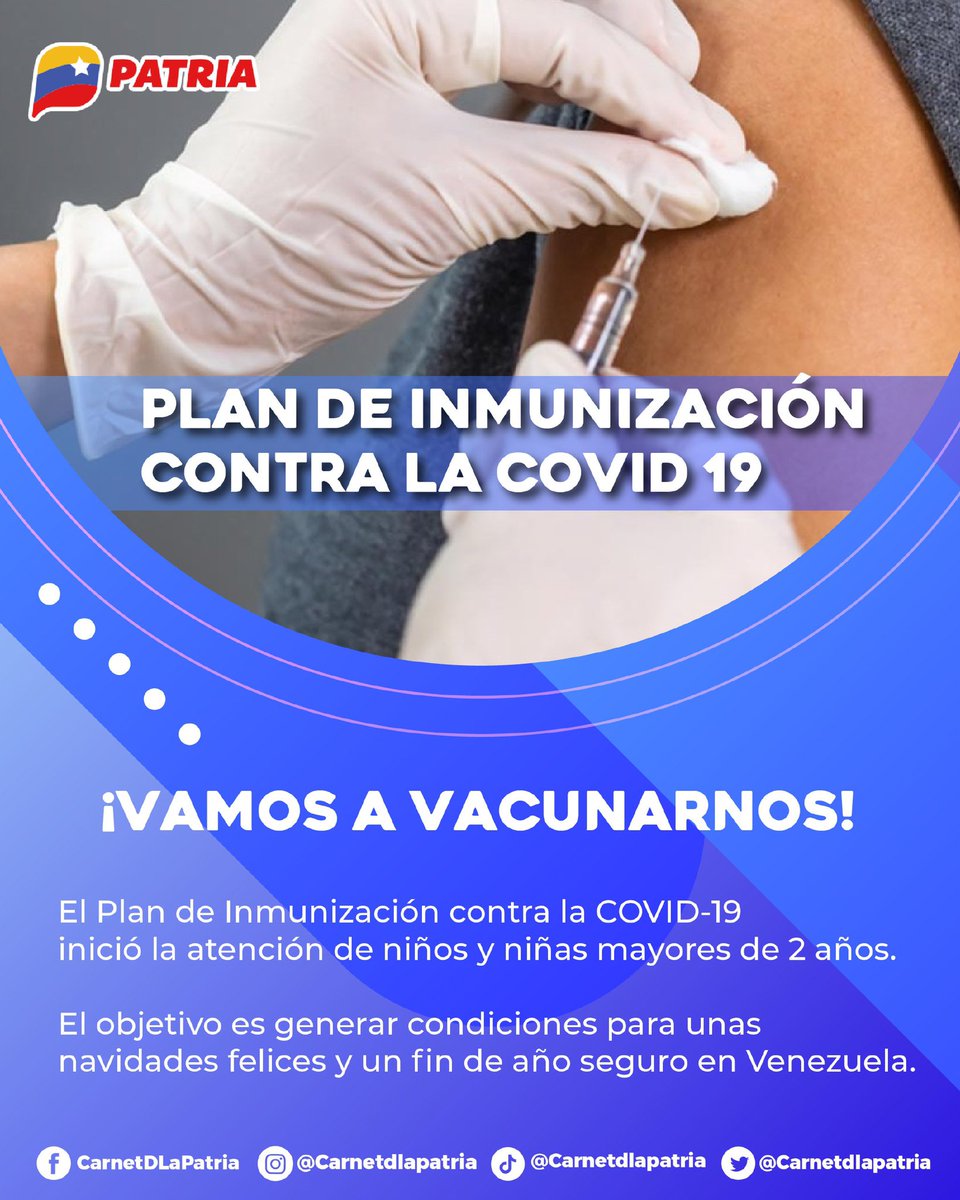 #IMPORTANTE El #SistemaPatria informa que, el Plan de Inmunización contra la COVID-19 inició la atención de niños y niñas mayores de 2 años.
Para unas navidades felices y un fin de año seguro. ¡Vacúnate!

#ComunicaciónPopularActiva
#25Nov