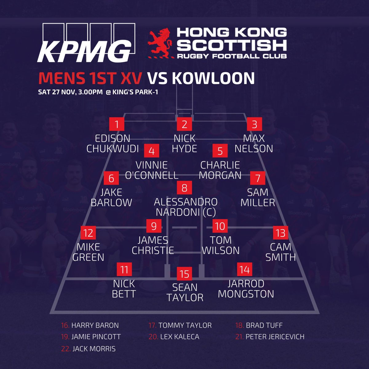 TEAM ANNOUNCEMENT 🔥🔥🔥

Here’s your men’s 1st XV team to face Kowloon in the Dettol Premiership game of the week tomorrow, 3pm at King’s
Park-1

LIVE STREAM >> m.facebook.com/HongKongScotti…